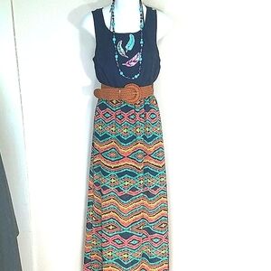 Sundress back straps Maxi Southwest chiffon feathers Turquoise blue EUC